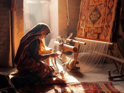 Woman weaving a carpet